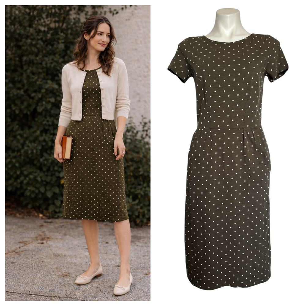 Boden Polka Dot Dress Olive Green Pockets Short Sleeve Size 4 LONG Small Twee